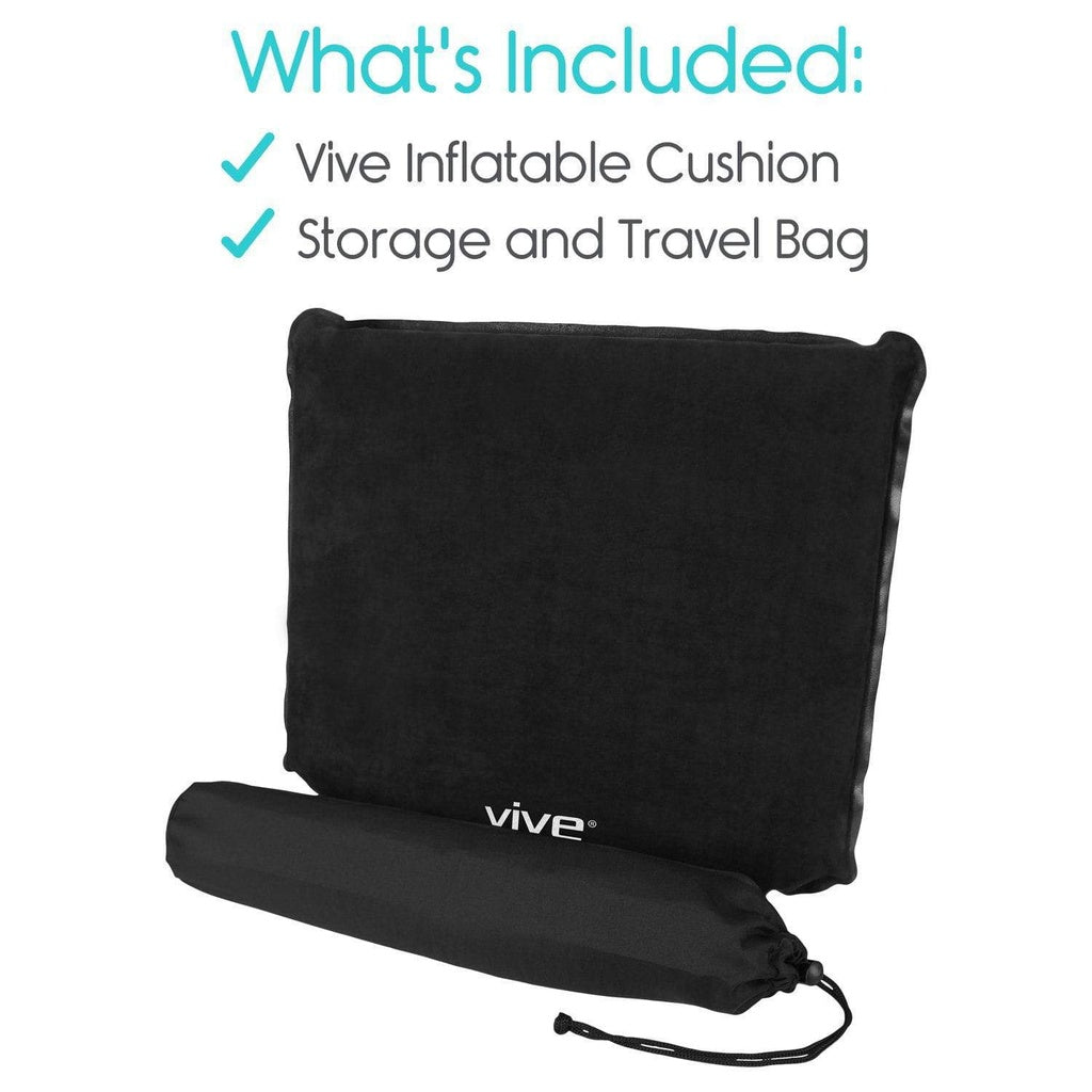 Black inflatable cushion with storage bag on a white background, featuring the 'Vive' brand.
