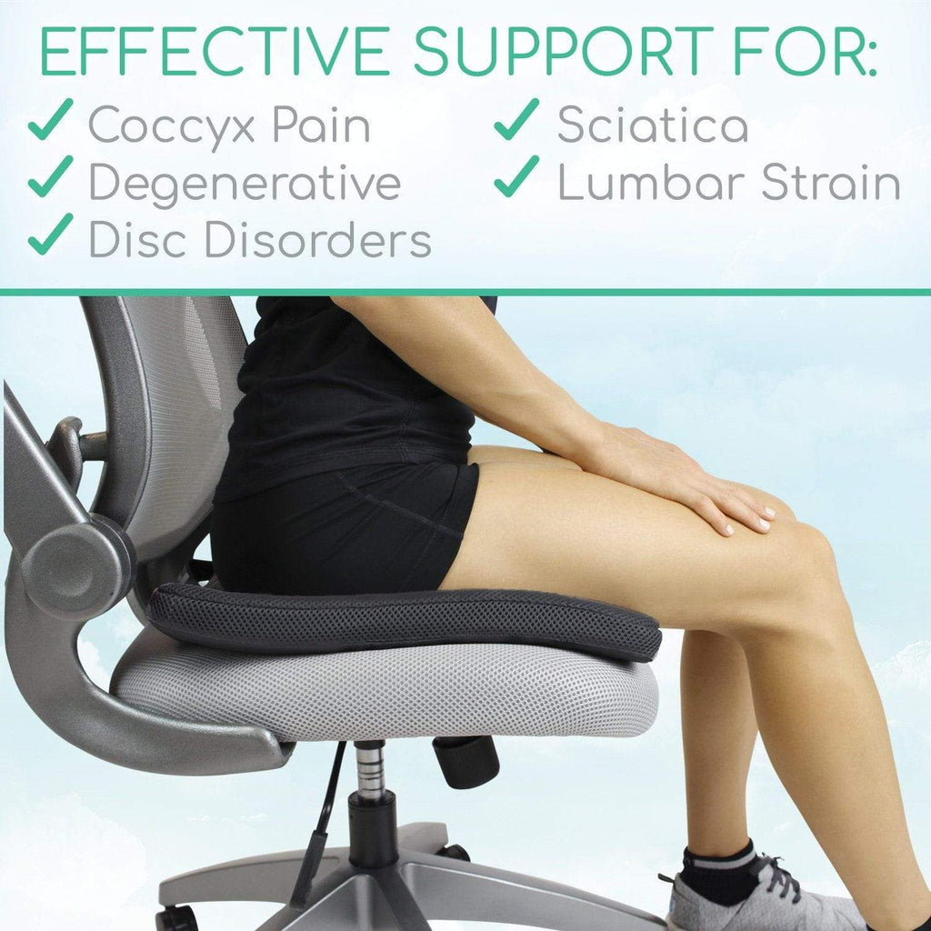Person sitting on a ergonomic chair with text highlighting its benefits for various health issues.