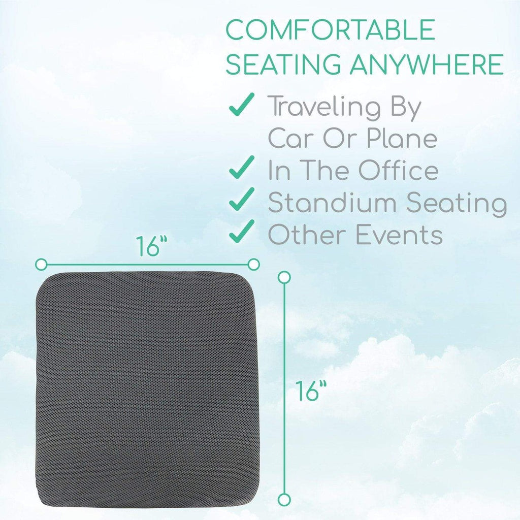 Square seat cushion with dimensions and text about its use in various scenarios on a light blue background.