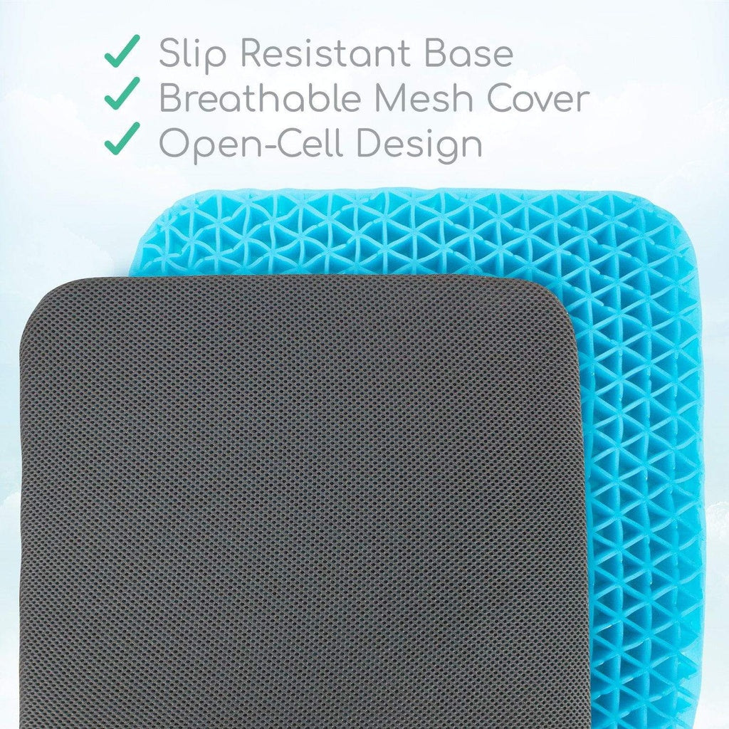 Two rectangular pads, one blue with a textured surface and one gray with a mesh cover, on a light blue background.