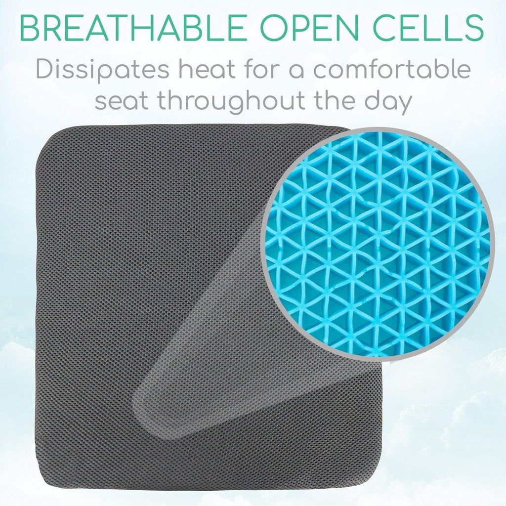 Gray cushion with blue open-cell material, text about breathable open cells.
