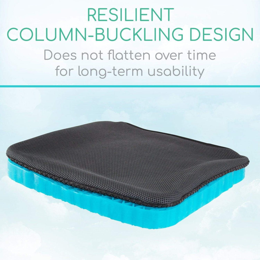 Black and blue cushion with text about resilient column-buckling design on a light blue background