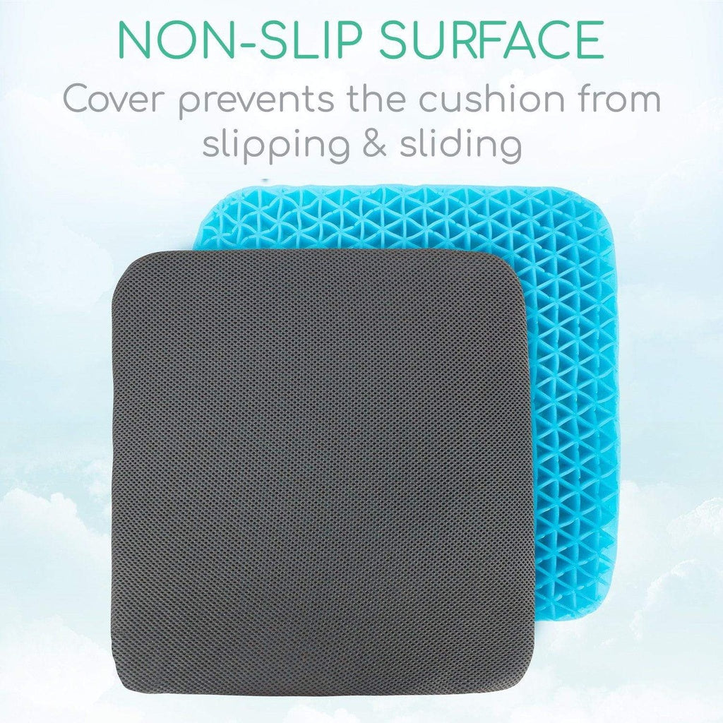 Gray cushion with blue non-slip surface on a light blue background