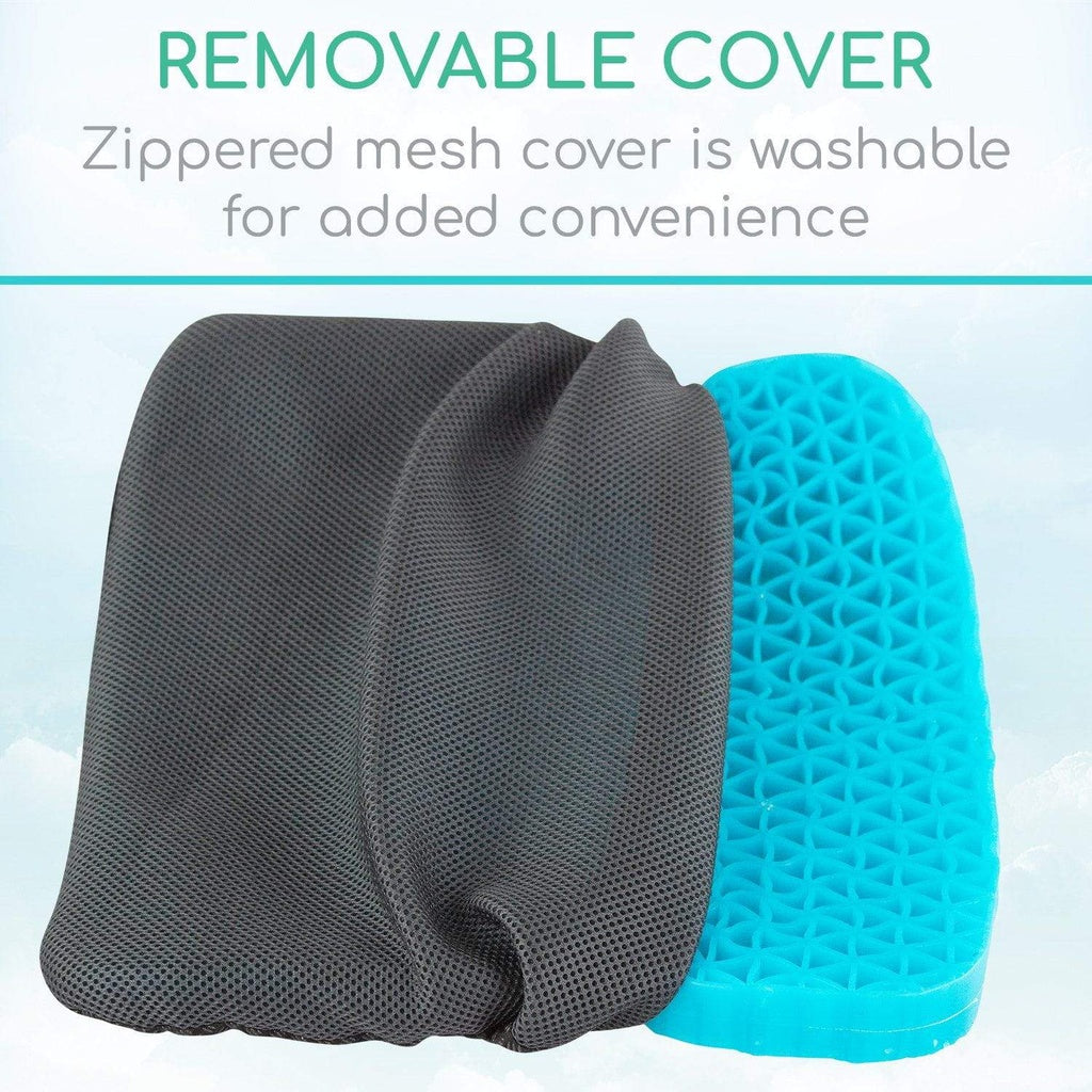Gray mesh cover and blue gel pillow with text about a removable cover on a light blue background