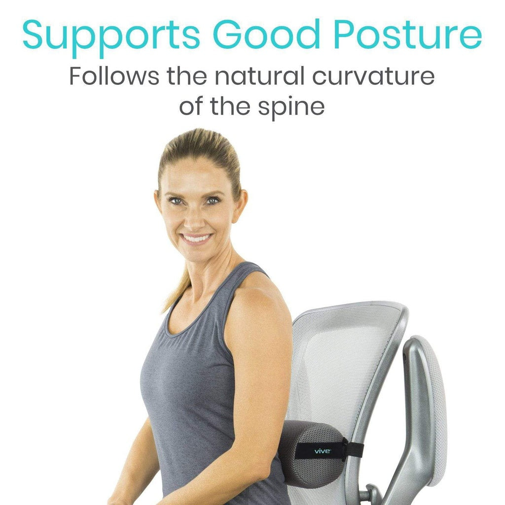 Woman using a back support device with text about posture support on a white background