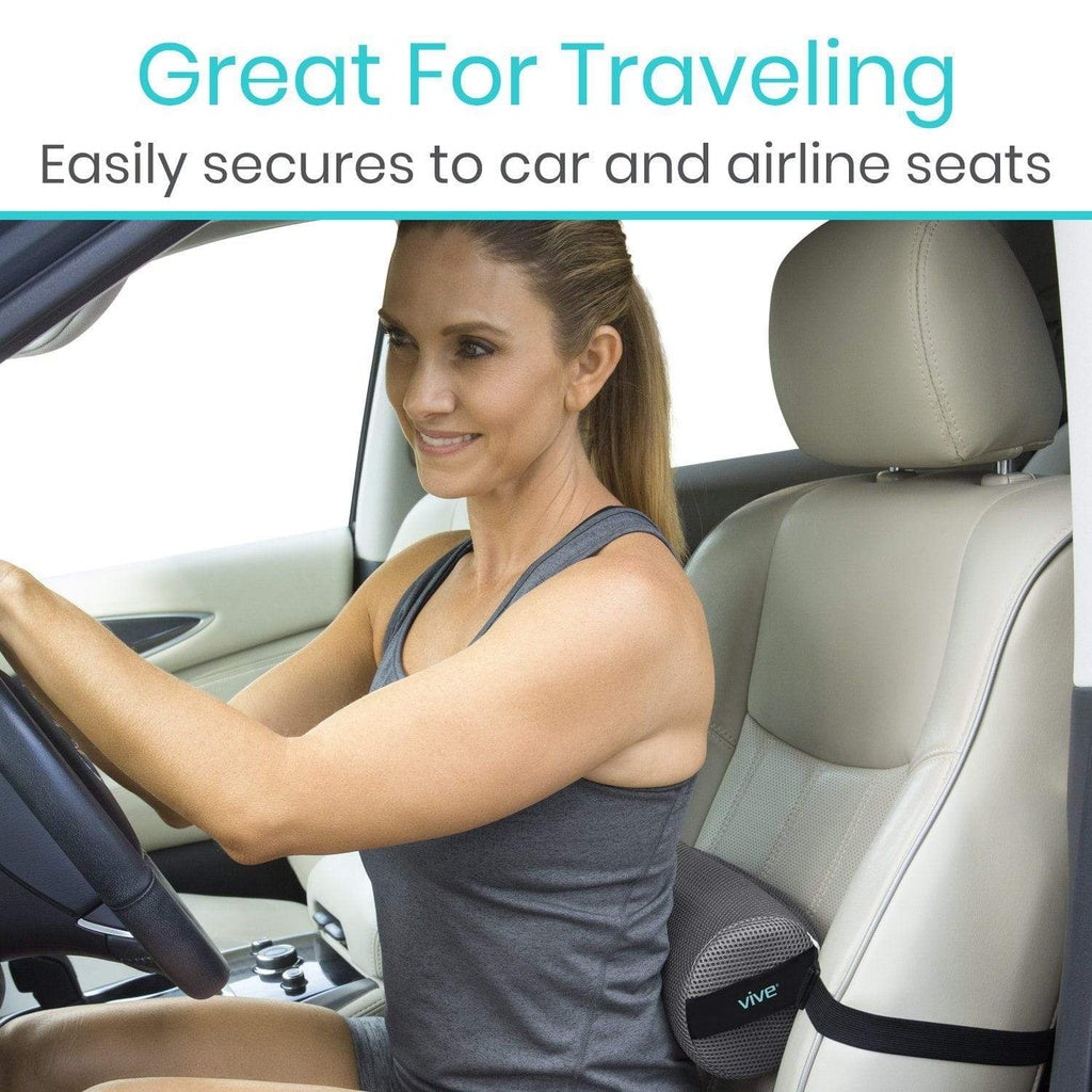 Woman sitting in a car with a seat belt and text 'Great For Traveling' and 'Easily secures to car and airline seats'.