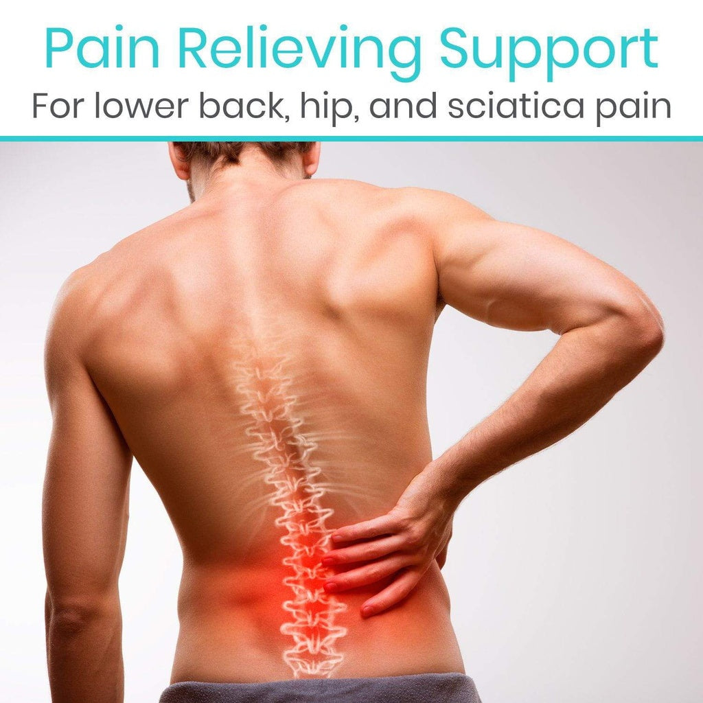 Back view of a person with highlighted spine and text about pain relieving support for lower back, hip, and sciatica pain.