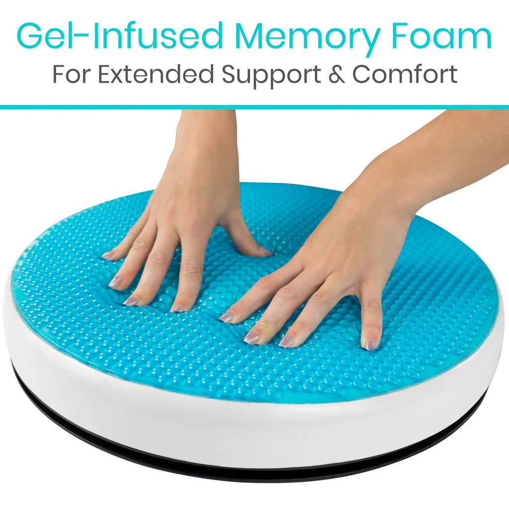 Blue and white gel-infused memory foam disc with hands pressing down, text about support and comfort.