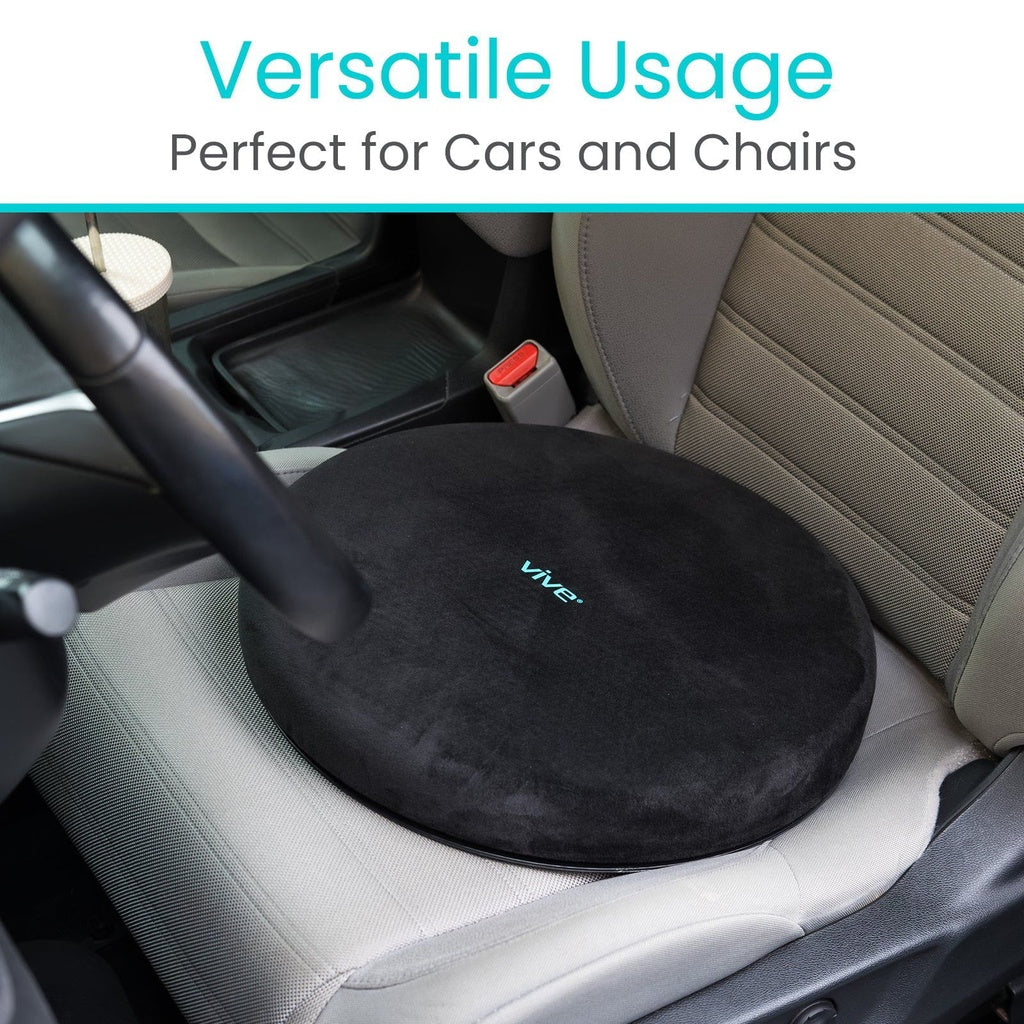 Black seat cushion on a car seat with 'VIVE' branding, text 'Versatile Usage Perfect for Cars and Chairs' above.