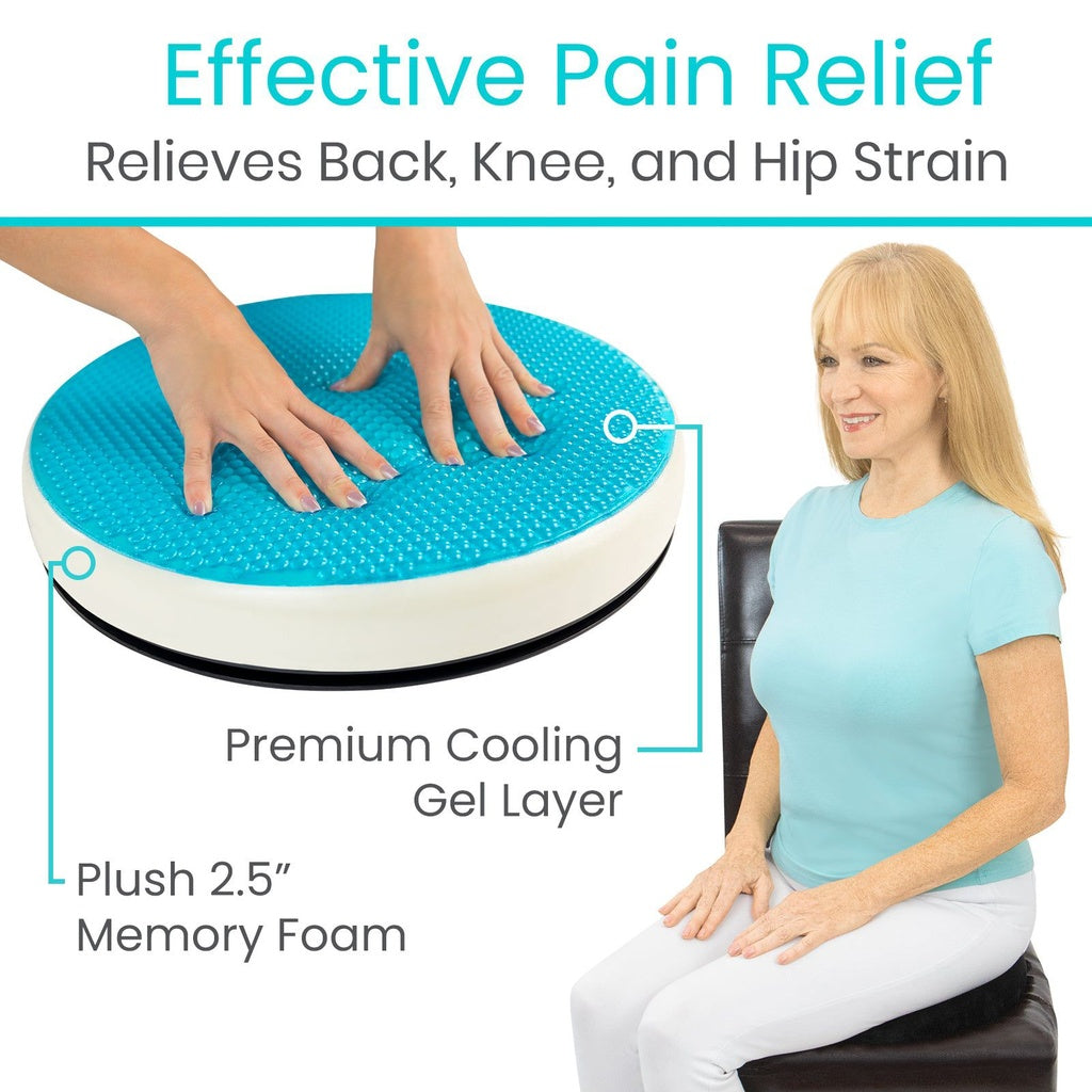Inflatable seat cushion with text highlighting pain relief and product features, woman sitting on a chair.