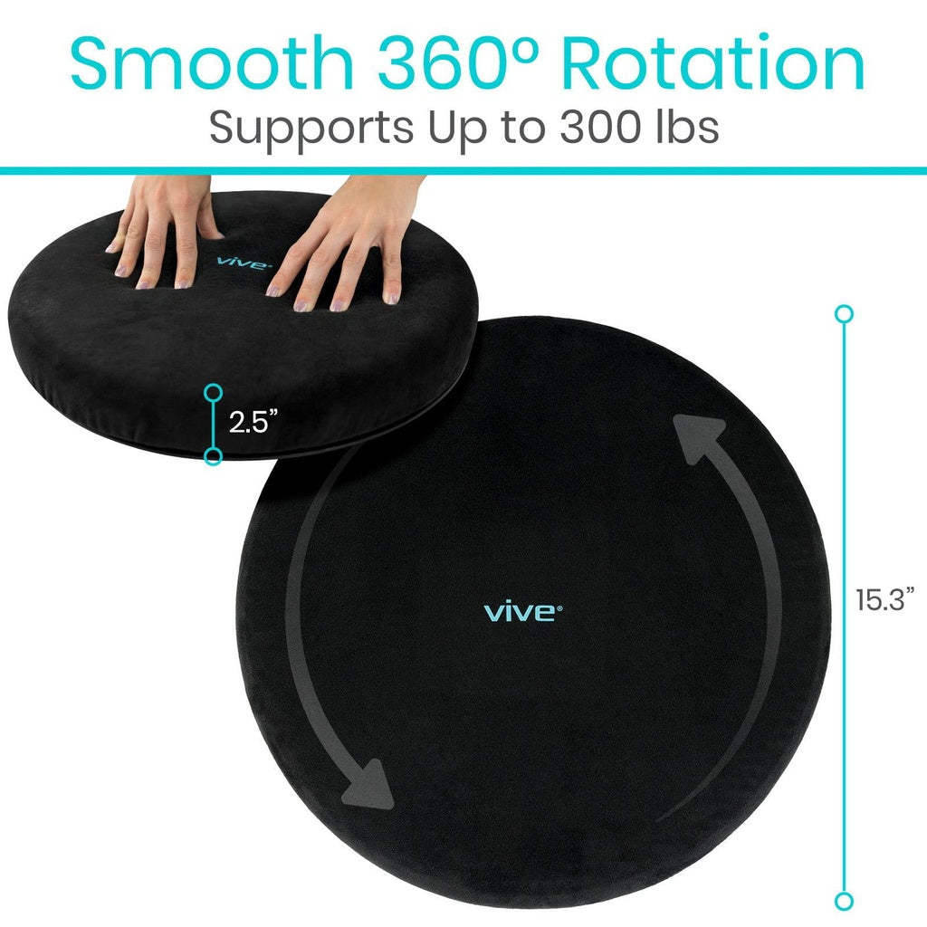 Black exercise ball with 'Vive' branding, showing 360-degree rotation and support capacity.