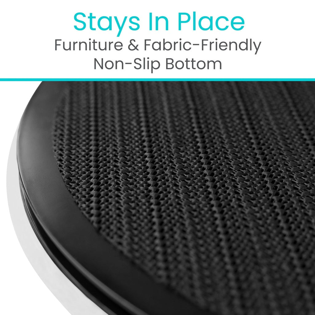 Close-up of a black textured mat with text 'Stays In Place' and 'Furniture & Fabric-Friendly Non-Slip Bottom'.