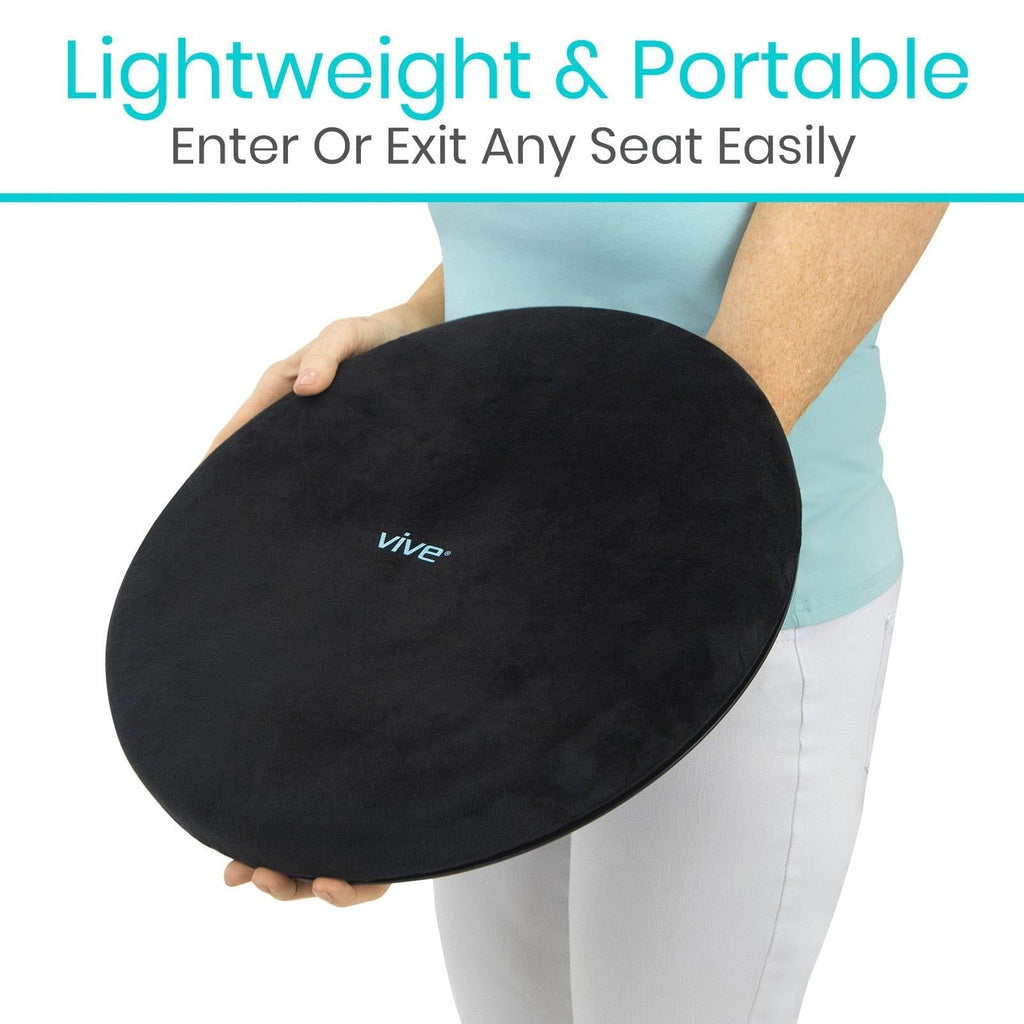 Person holding a black circular product with 'Vive' branding, labeled as 'Lightweight & Portable' on a white background.