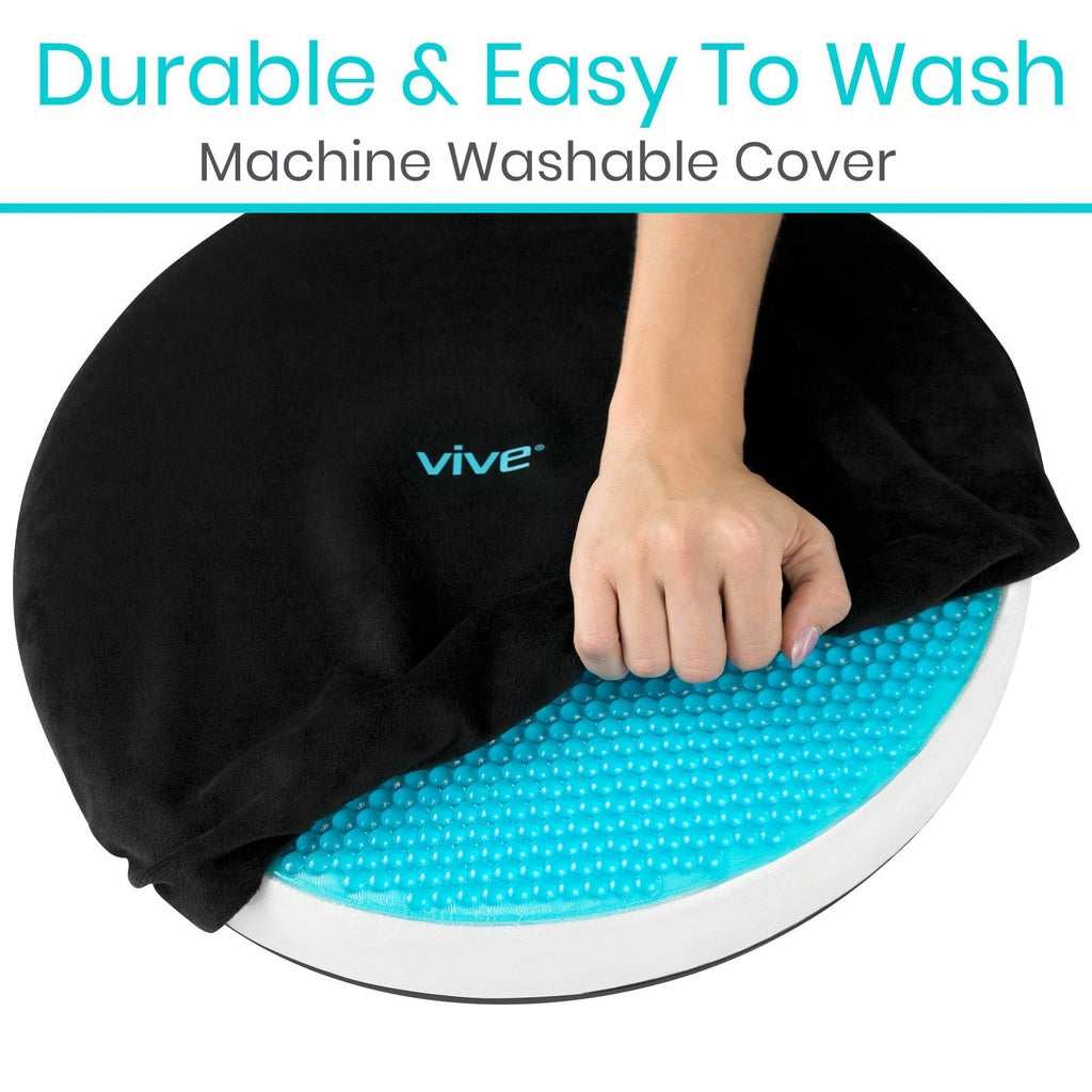 Blue cushion with a black cover being held, featuring the 'Vive' brand.