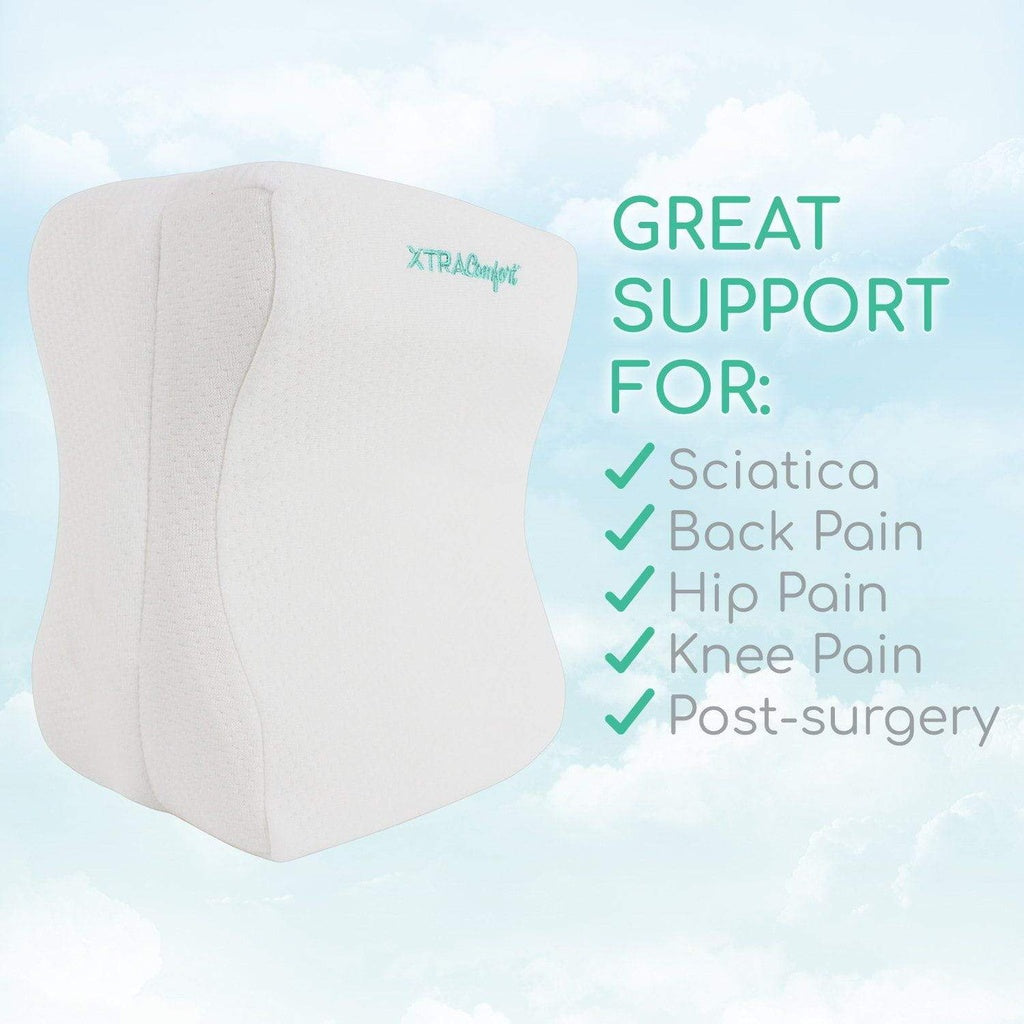 Cushion with XTRA Comfort branding on a light blue background, highlighting pain relief benefits.