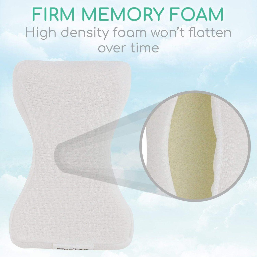 Memory foam pillow with text highlighting firmness and density