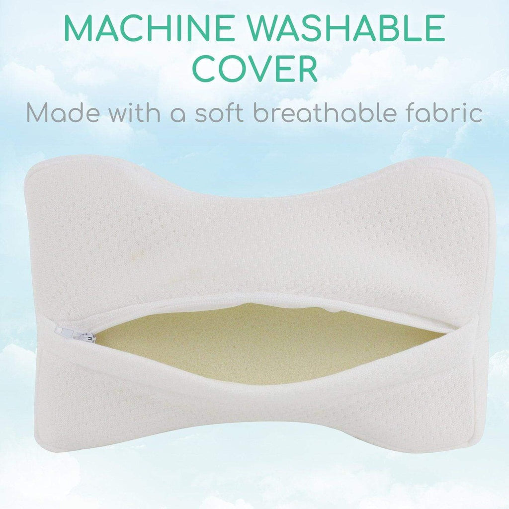 Neck pillow with machine washable cover on a light blue background