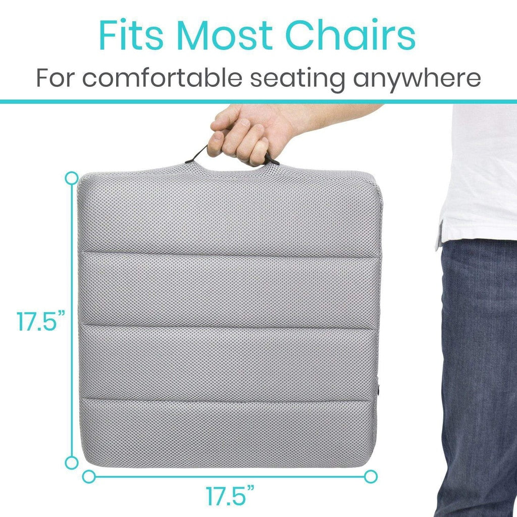 Gray cushion with dimensions and text about comfort and versatility