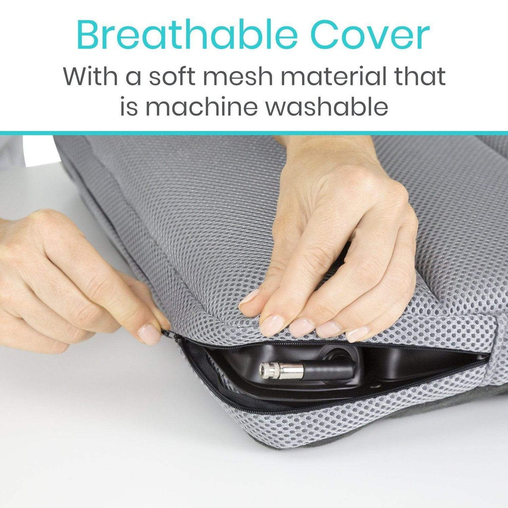 Gray mesh cover with hands holding it, text about breathable cover and machine washability.