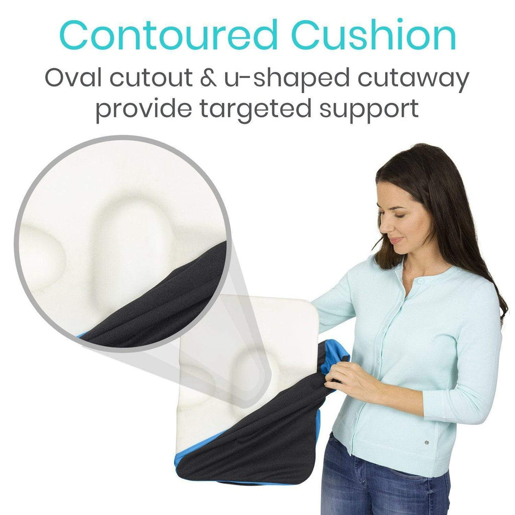 Woman holding a contoured cushion with text highlighting its features on a white background