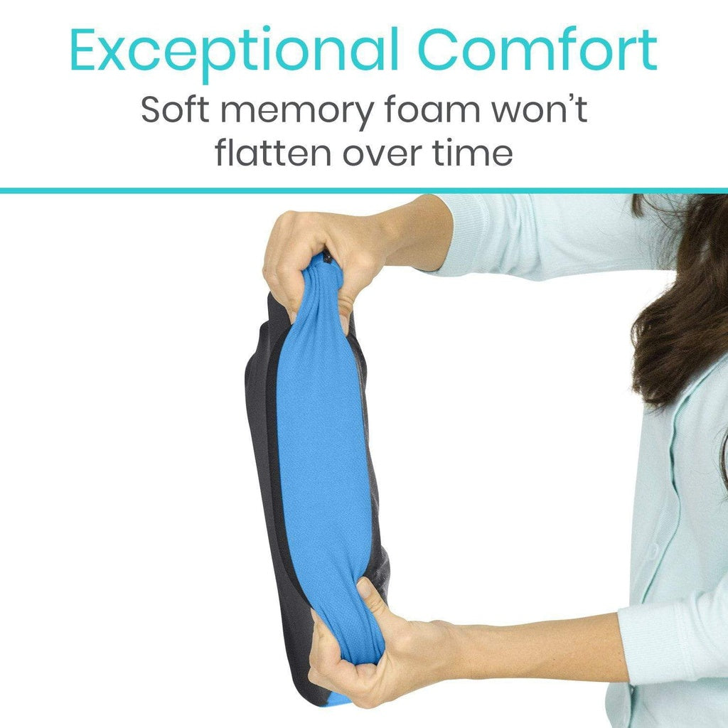 Person holding a blue and black memory foam product with text about comfort and durability.