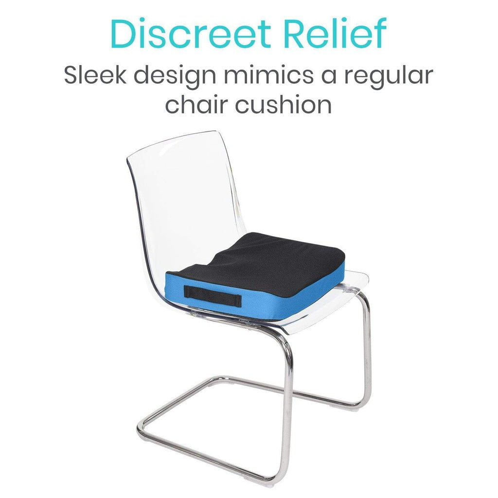 Chair with a black and blue cushion labeled 'Discreet Relief' on a white background