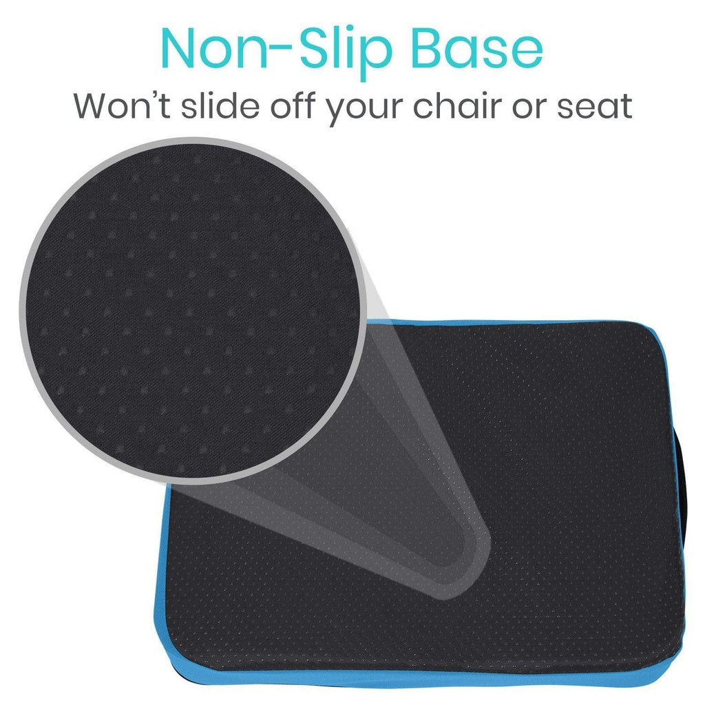 Black and blue cushion with non-slip base feature on a white background