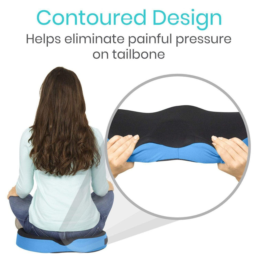 Person using a blue cushion with text highlighting its contoured design and pain relief benefits.