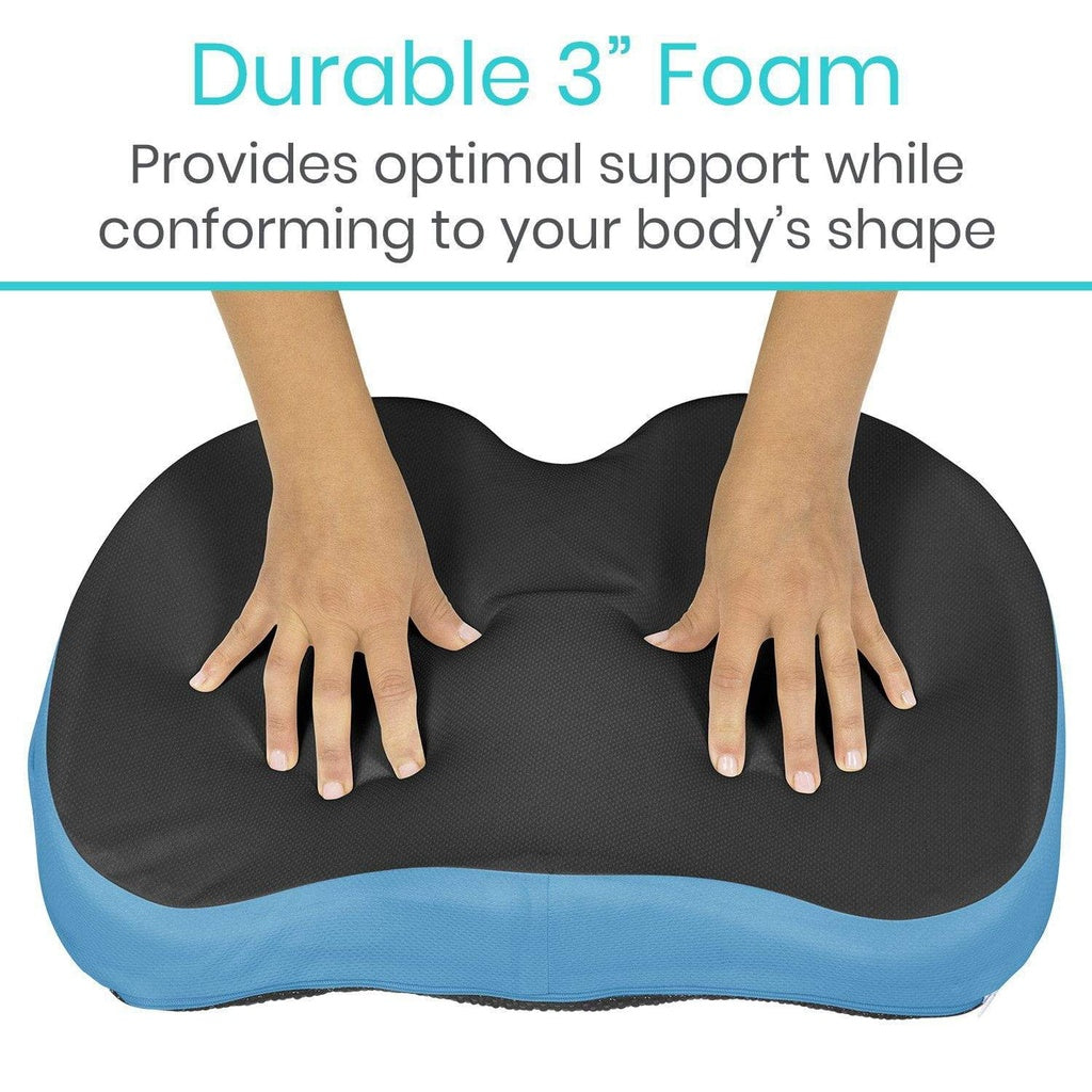 Black and blue cushion with hands on it, labeled 'Durable 3" Foam' providing support.