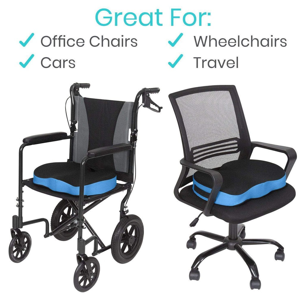 Chair cushions on a wheelchair and office chair with text indicating uses.