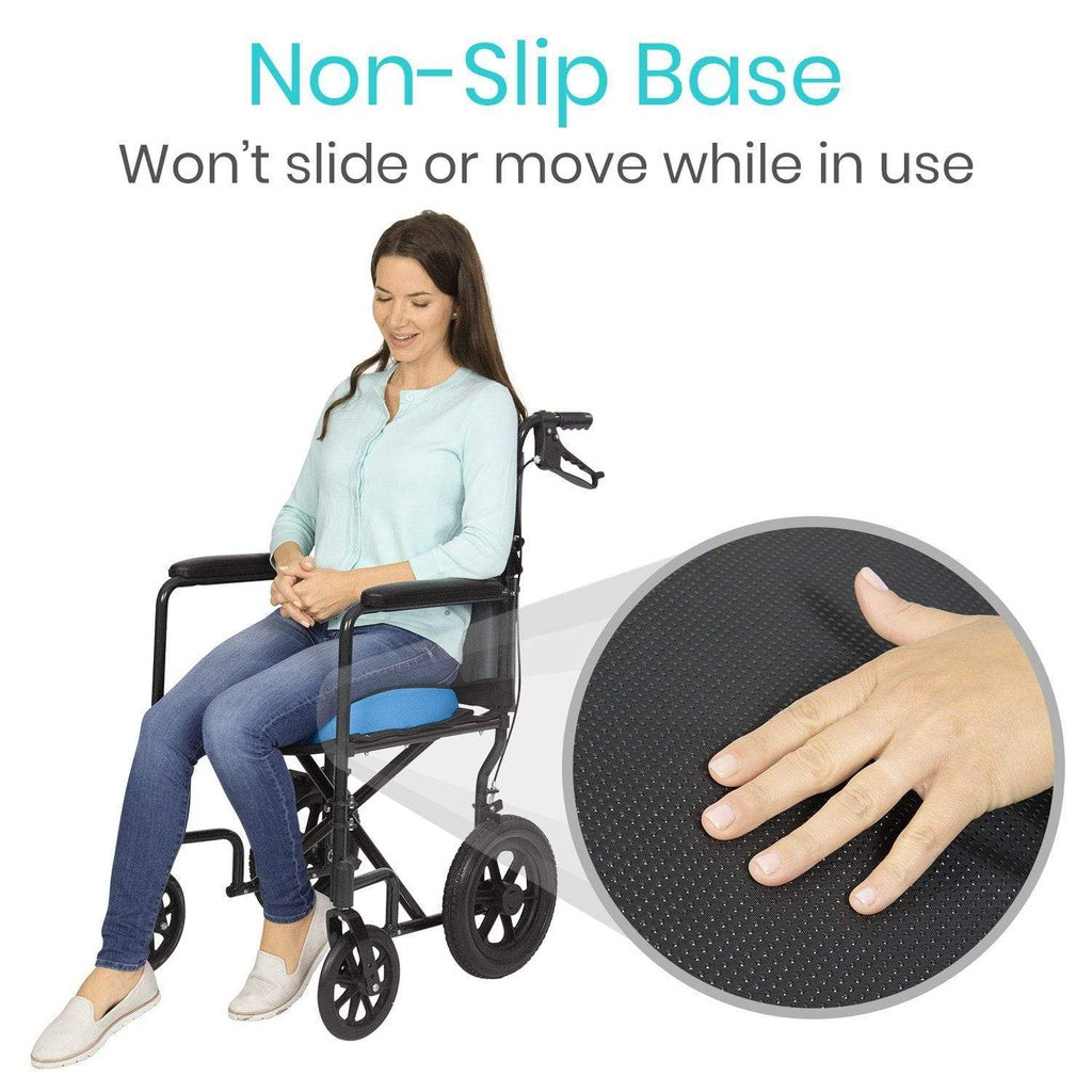 Woman using a wheelchair with a non-slip base feature highlighted, showing a close-up of the base.