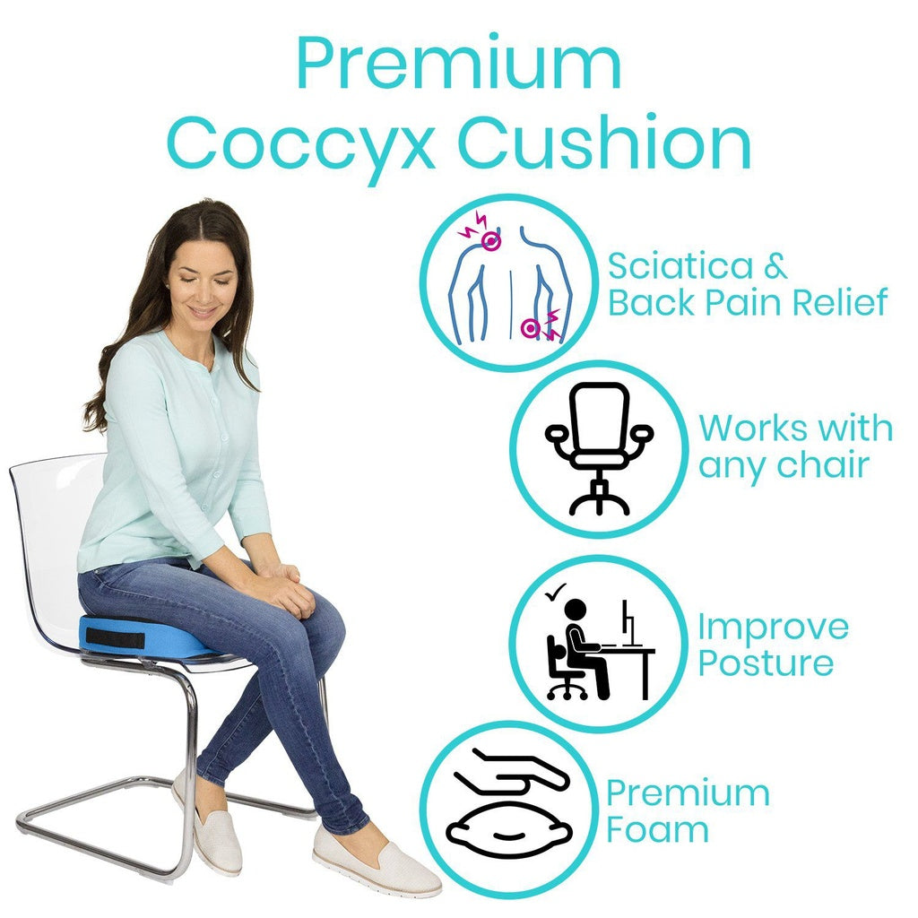 Woman sitting on a chair with a coccyx cushion, highlighting features like sciatica and back pain relief.