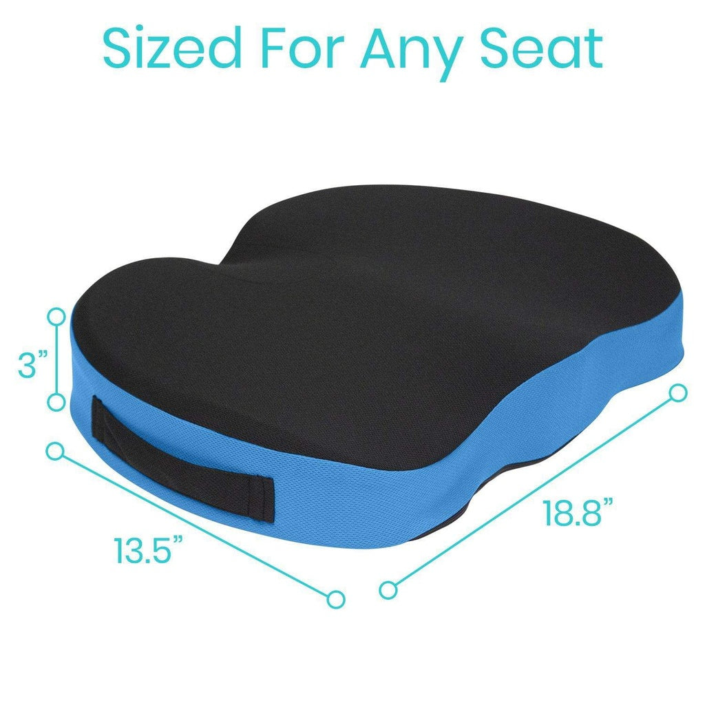 Blue and black seat cushion with dimensions on a white background