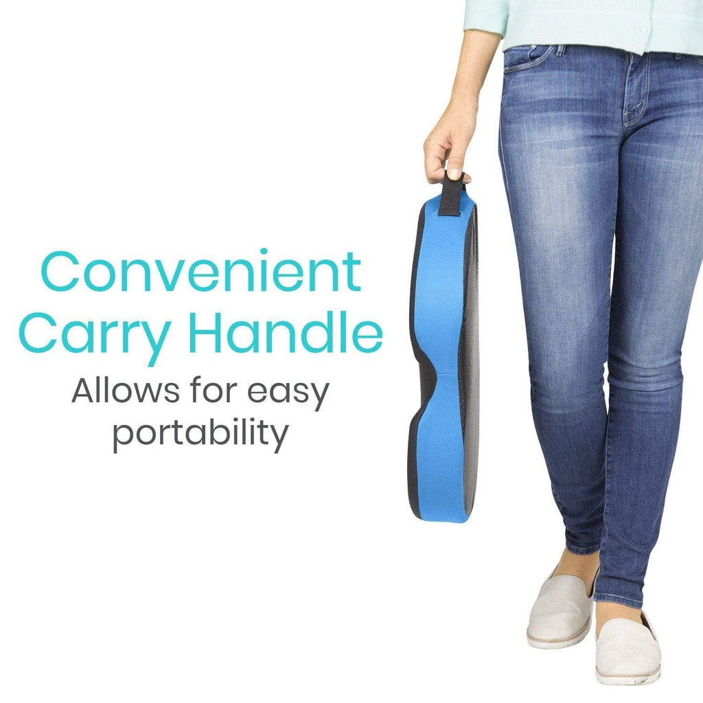 Person holding a blue and gray device with text about a convenient carry handle.