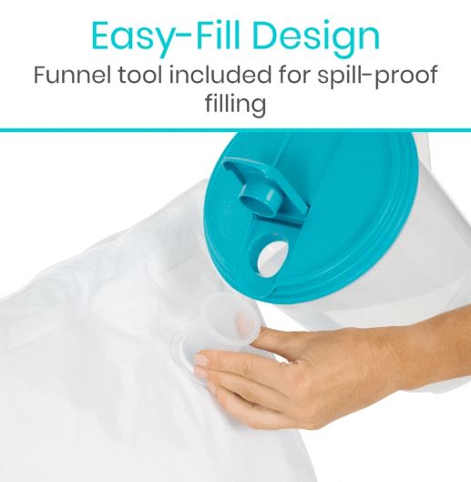 Teal funnel tool with white bag on a white background, labeled 'Easy-Fill Design'.