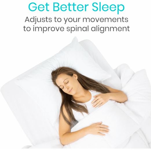 Woman sleeping with a pillow, text about adjusting movements for better sleep and spinal alignment.