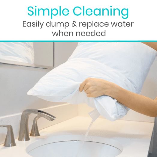 Person replacing a pillow with text about simple cleaning and water replacement.