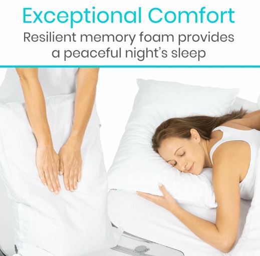 Woman sleeping on a bed with text about exceptional comfort and resilient memory foam.