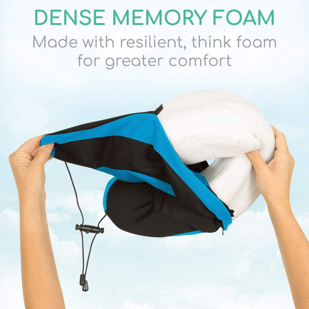 Person holding a white pillow with blue and black cover against a light blue background, with text about dense memory foam.