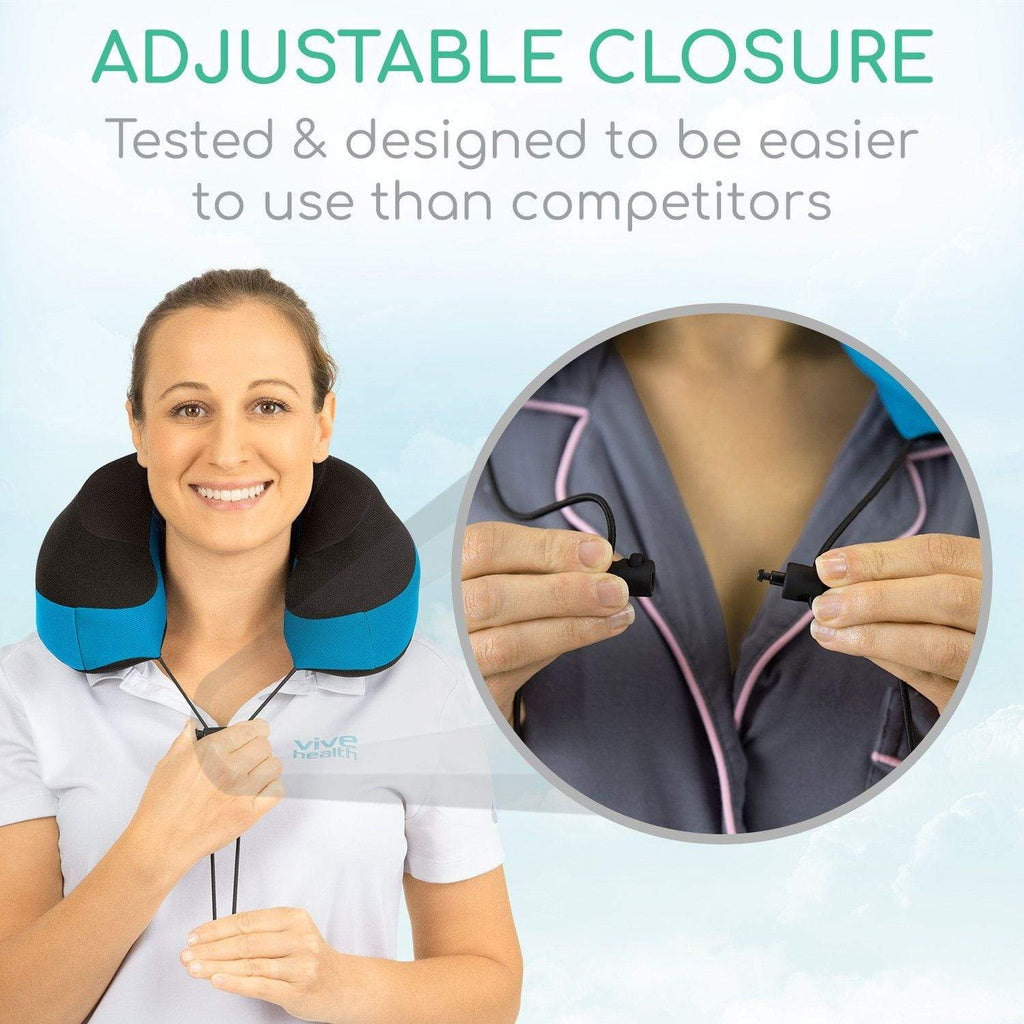 Woman wearing a neck pillow with an inset showing adjustable closure mechanism
