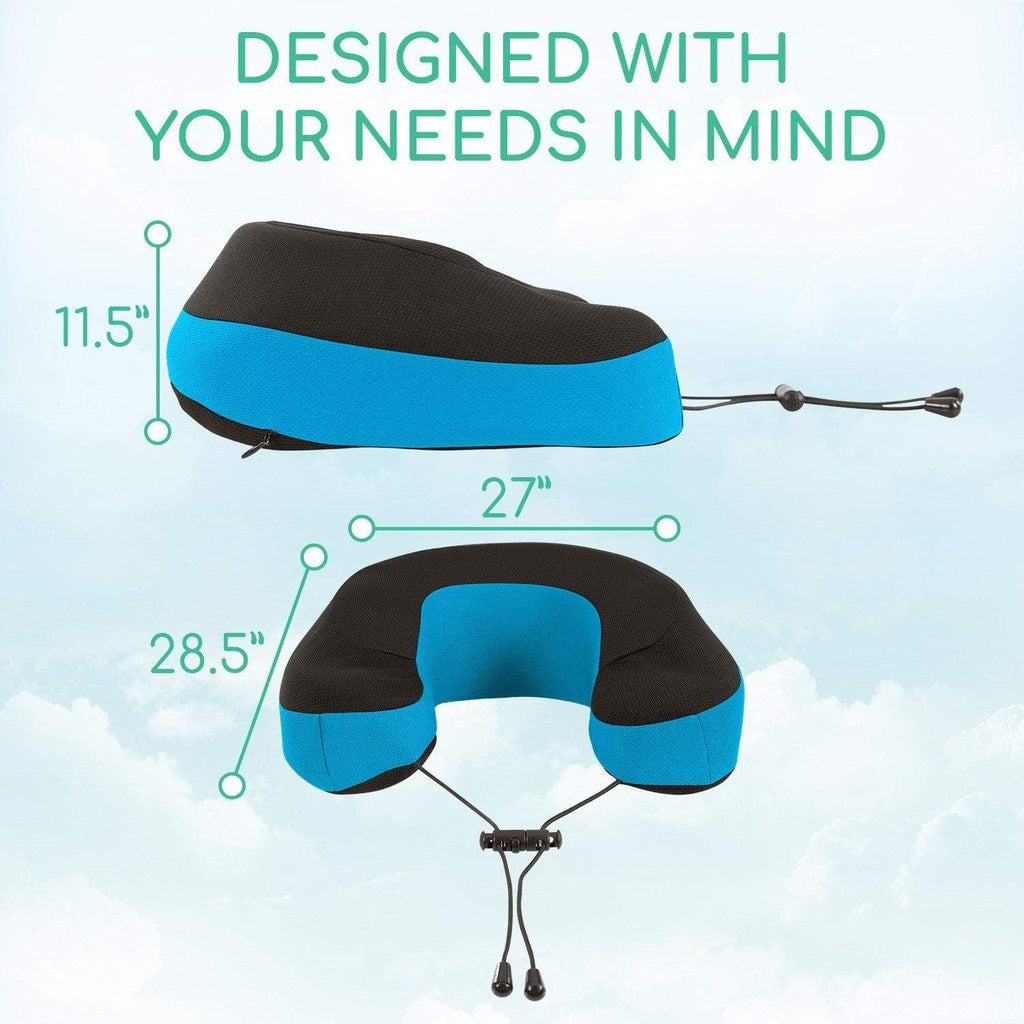 Black and blue travel pillow with measurements on a light blue background