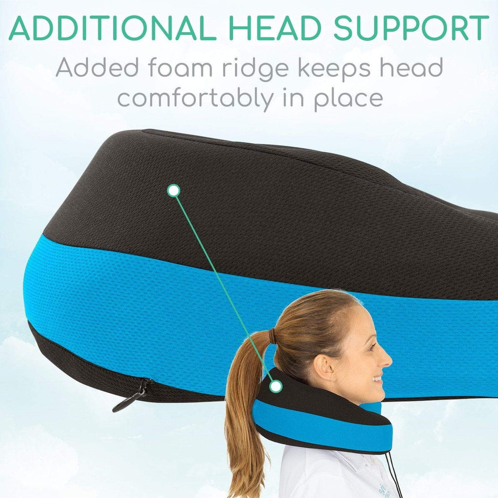 Neck pillow with blue and black design, featuring text about additional head support.