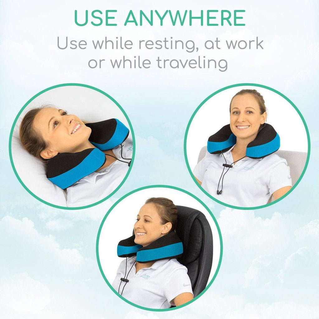 Woman using a neck pillow in various settings with text 'Use Anywhere'.
