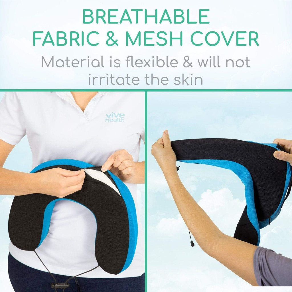 Product showing a breathable fabric and mesh cover with text about its flexibility and skin safety.