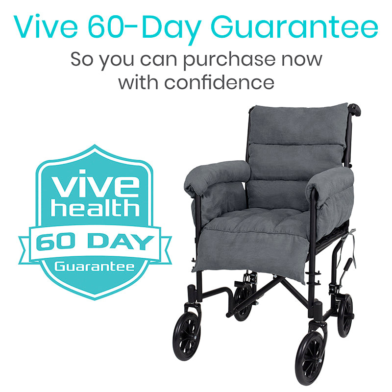 Gray wheelchair with Vive Health 60-day guarantee badge on a white background