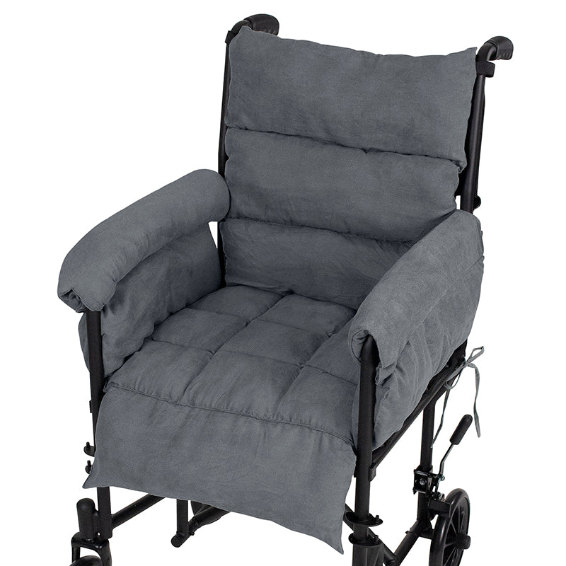Gray cushioned wheelchair on a white background