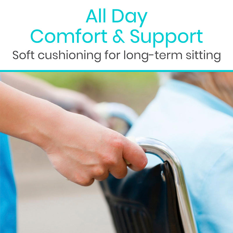Hand holding a chair with text about all-day comfort and support