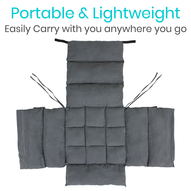Gray portable blanket with text 'Portable & Lightweight' on a white background