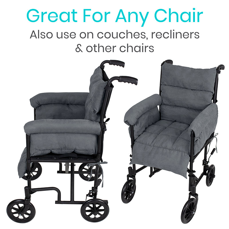 Gray cushioned chair with wheels on a white background, labeled 'Great For Any Chair'.
