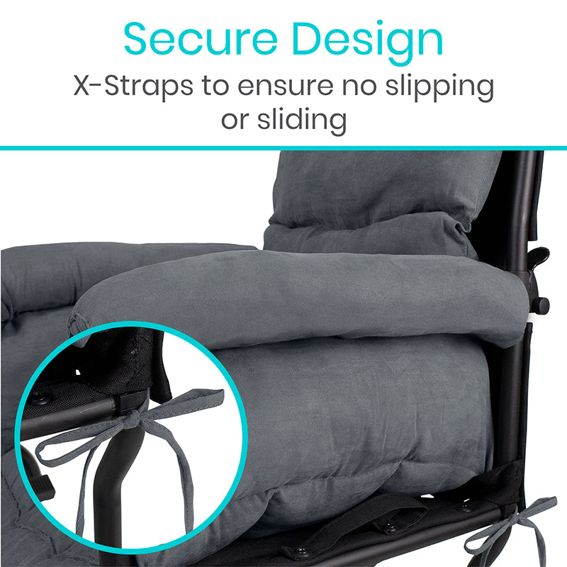 Gray recliner chair with X-straps highlighted, emphasizing secure design.